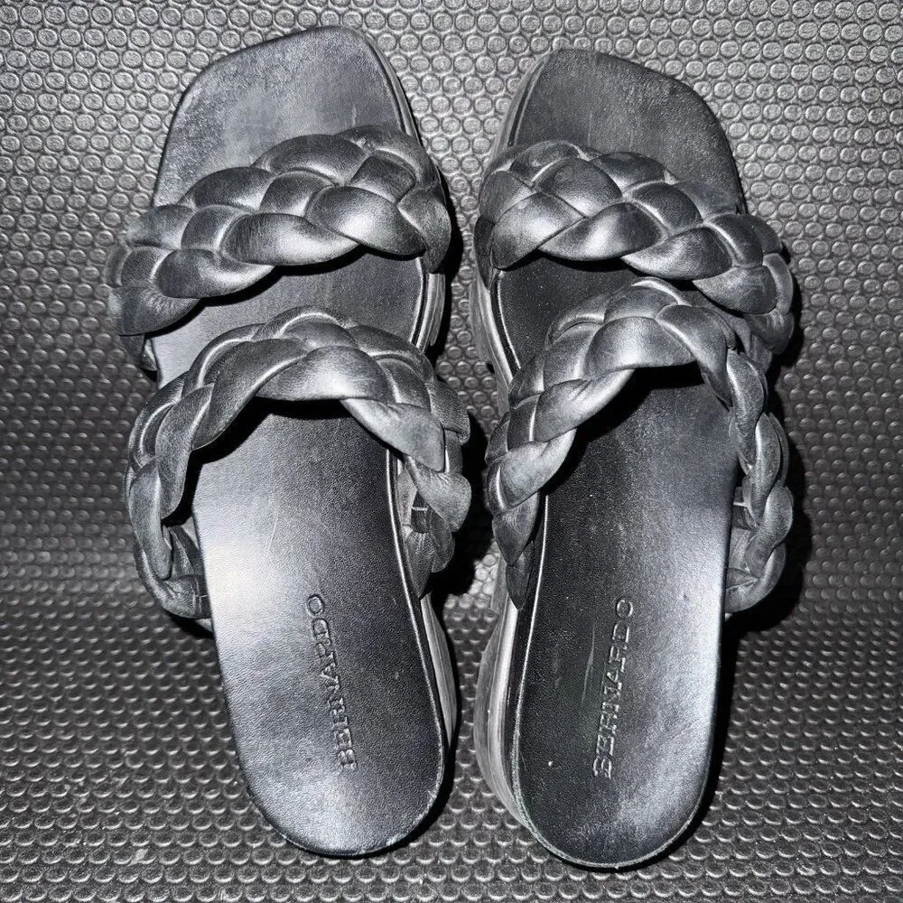 BERNARDO Ciara Luxury Black eather Woven Braided Slides Sandals Women’s Size 8.5